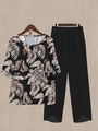 Women's summer two-piece set with palm leaf print top and black slit wide-leg pants - S / Top And Bottom / Black Top With Palm Leaf Print (Image Color 47)