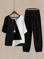 Women's two-piece casual set featuring a black and white patchwork top and wide-leg trousers - S / Top And Bottom / Black And White Patchwork (Image Color 48)