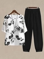 Women's 2-piece set featuring white floral print top and black loose-fit casual pants - S / Top And Bottom / White With Black Flowers
