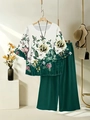 Two-piece set with floral print top and dark green wide-leg trousers for casual vacation - S / Top And Bottom / Green Leaves Yellow Flowers