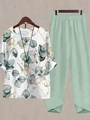 Women's casual two-piece set featuring leaf print top and sage green petal hem pants - S / Top And Bottom / Sage Green Leaf Print