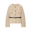 Elegante chaqueta de ante beige para mujer con botones dorados y cinturón fino de cuero marrón - XS / Caqui