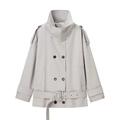 Short light gray double-breasted trench coat with high collar, epaulets, and waist belt - S / Light Gray