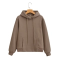 Detail view of brown hoodie with kangaroo pocket and drawstring on a wooden hanger - S / Taupe Top
