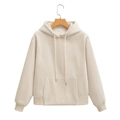 Detail of oatmeal hoodie featuring drawstring hood, ribbed cuffs and kangaroo pocket - S / Apricot Top