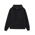 Detail of black hoodie with kangaroo pocket drawstring and size M label on white background - S / Black Top
