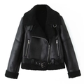 Detailed close-up of a black aviator jacket with fur collar and buckle strap details - XS / Top (2542) / Black