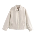 Detail of minimalist cream zip-up jacket collar with S size tag on smooth wool fabric - S / Off White