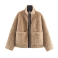 Classic camel faux shearling jacket with high collar and large pockets on white background - XS / Khaki