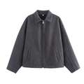 Detailed view of dark grey wool-like jacket with metal zipper and size label S - S / Dark Gray