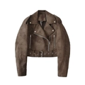 Detalle de etiqueta talla S en chaqueta motera marrón de ante sintético con cremallera - S / Café