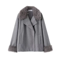 Short grey wool coat for women with plush faux fur collar and cuffs on white background - XS / Gray