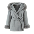 Detail of grey hooded wool coat featuring plush faux fur collar and matching waist belt - S / Space Gray