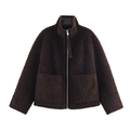 Chaqueta de forro polar sherpa marrón oscuro para mujer con cuello alto y bolsillos grandes - XS / Marrón
