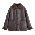 Detail of winter brown shearling jacket with faux fur collar and large patch pockets - XS / Coffee