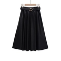Elegant black A-line pleated PU leather midi skirt with elastic waist and gold buckle belt - XS / Black