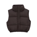 Detail of high collar and puffer texture on a coffee brown cropped winter vest - L / Dark Brown