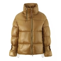 Detail view of caramel puffer jacket with stand collar and functional double zippers - Gold