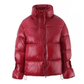 Close-up of shiny red puffer jacket featuring a high collar and double zipper design - Red