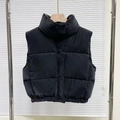 Schwarze kurze Damen-Puffermaske aus PU-Leder mit Steppdesign und Stehkragen - XS / Schwarz