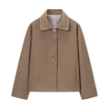 Detail of classic notched lapel and button closure on brown wool coat with inner lining - S / Brown