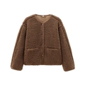Detailed view of dark brown teddy fleece jacket with XS size label and buttons - XS / Coffee