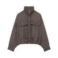 Brown herringbone puffer bomber jacket with high collar and large chest pockets - XS / Tops / Brown