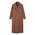 Détails du tissu du manteau croisé marron foncé avec ses boutons couleur ambre - S / Bronze