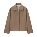 Short brown wool blend pea coat with notch lapels and button closure for women - S / Brown