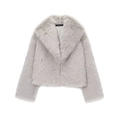 Short faux fur coat for women in ice grey color with large lapel and soft plush texture - Gray