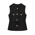 Chaqueta de tweed negra sin mangas para mujer con botones dorados y cinturón fino - S / Negro