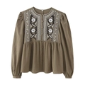 Detail of the elegant floral embroidery on the round neckline of this long sleeve blouse - XS / Olive Green