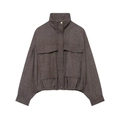 Damen Bomberjacke mit Fischgrätmuster, Stehkragen und großen Pattentaschen - XS / Dunkelbraun Fischgrätenmuster