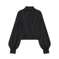 Elegant black pleated semi-transparent high neck blouse with balloon sleeves - XS / Black