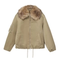 Women's khaki faux fur collar bomber jacket with MA-1 zip pocket and utility design - XS / Khaki