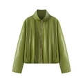 Grasgrüne PU-Lederjacke mit Stehkragen und Reißverschluss in flacher Liegeansicht - S / Lederjacke (25196)