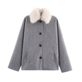 Cappotto grigio ampio da donna con collo in finta pelliccia bianca e bottoni neri - XS / grigio scuro