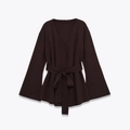 Dark brown V-neck knit cardigan featuring flared sleeves and a matching tie-waist belt - S / Dark Coffee