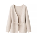 Eleganter beiger langärmliger Strick-Cardigan mit V-Ausschnitt und Taillengürtel - S / Gebrochenes Weiß
