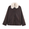Cappotto donna marrone scuro con collo in finta pelliccia bianca e bottoni - XS / caffè