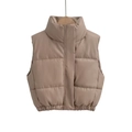 Women's padded faux leather vest with stand collar in khaki, short puffer style vest - XS / Dark Khaki