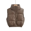 Women's dark brown faux leather puffer vest with high collar and padded texture - Brown