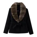 Elegant black belted wool coat for women with a luxurious faux fur collar and slim waist - S / Tops / Black