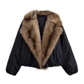 Women's black short jacket with large brown faux fur collar and ribbed cuffs - XS / Black