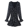 Vestido floral con cuello en V negro con volantes escalonados y manga larga - XS / Negro