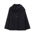 Minimalist dark blue long wool coat featuring a built-in scarf collar and large patch pocket - Navy Blue
