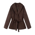 Dames korte trenchcoat van donkerbruin imitatie suède met sjaalkraag en tailleband - S / Donkerbruin