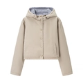Detail view of hooded cotton jacket with blue checkered lining and gold button closure - S / Apricot