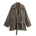 Women's loose short trench coat set with belt and pleated trousers in olive green - XS / Belted Lapel Jacket