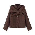 Women's dark coffee quilted cotton jacket with stand collar and detachable scarf tie - XS / Coffee